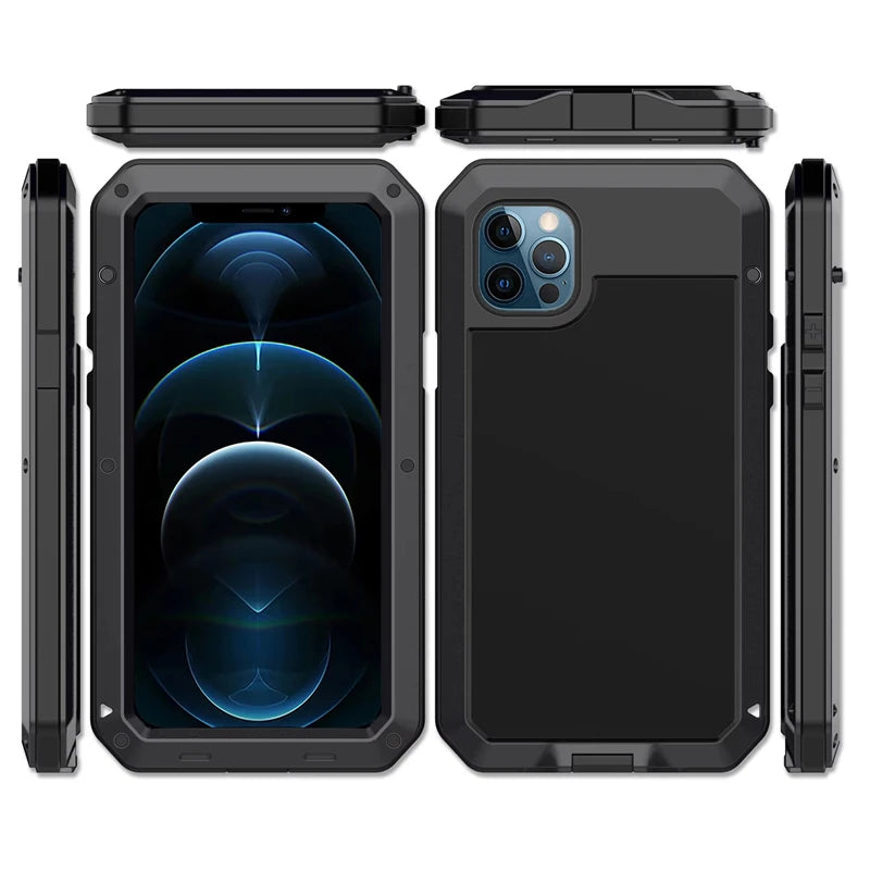Heavy Armor Metal Rugged Case for iPhone 16/15/14/13/12/11 Pro Max/XR/XS/8 Plus – Shockproof Premium Cover with Gorilla Screen Protector