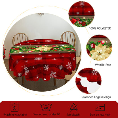Christmas Printed Tablecloth - Holly Berry, Bow & Snowflake Holiday Dining Cover for Kitchen, Home & Terrace Decor