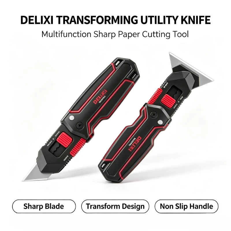 DELIXI 6-in-1 Transforming Utility Knife - Multifunctional Cutter for Cardboard, Paper & Boxes