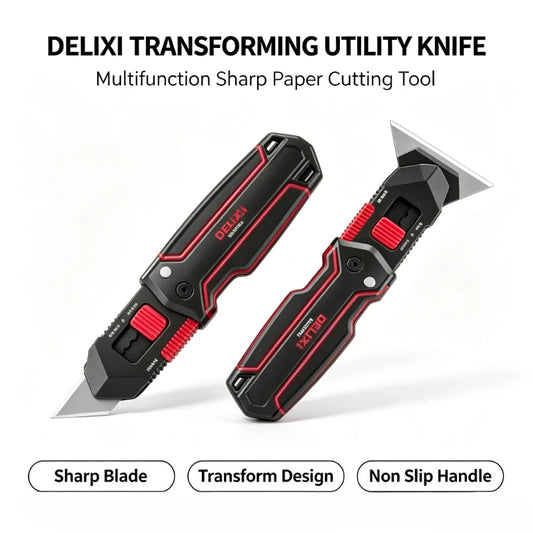 DELIXI 6-in-1 Transforming Utility Knife - Multifunctional Cutter for Cardboard, Paper & Boxes