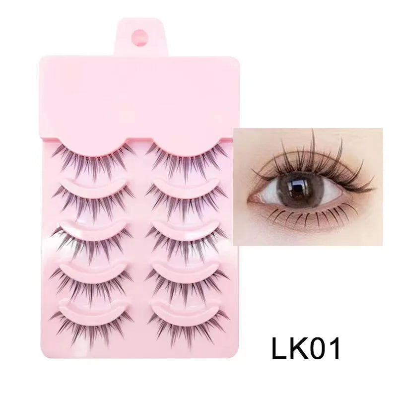 Manga Lashes 5 Pairs – Anime Cosplay Faux Mink Short Full Strip Lashes, Korean Natural Look, Clear Band Soft Eyelash Extensions