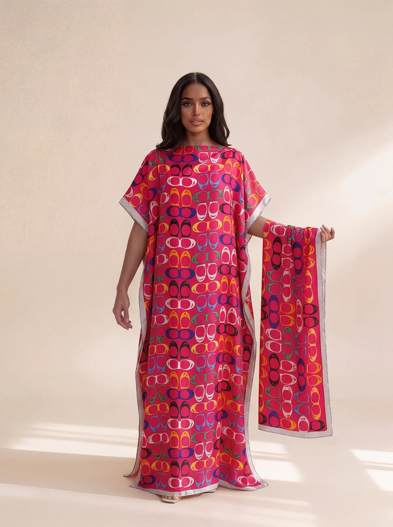 Long Silk Blend Beach Cover Up Dress - Elegant Middle Eastern Print Loose Robe for Women