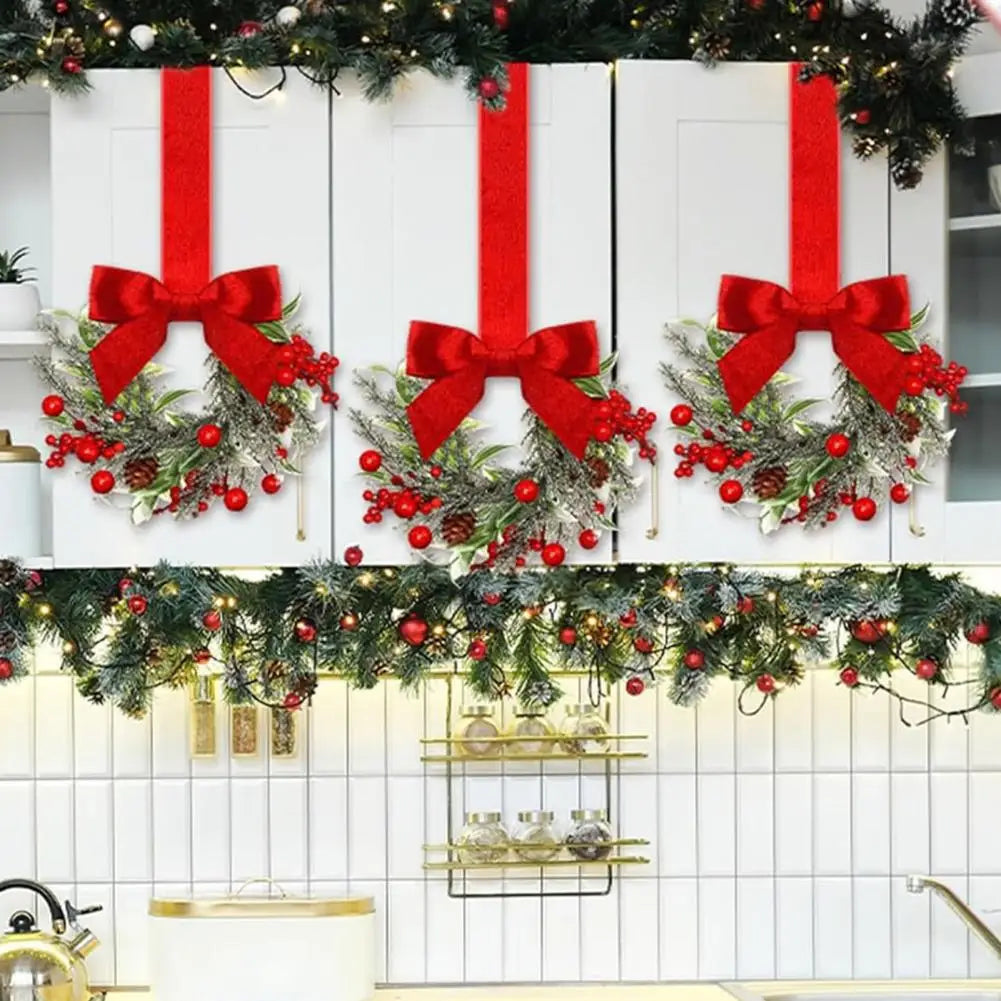 Set of 6 Mini Christmas Cabinet Wreaths with Ribbon Bows – Artificial Farmhouse Holiday Party Decorations