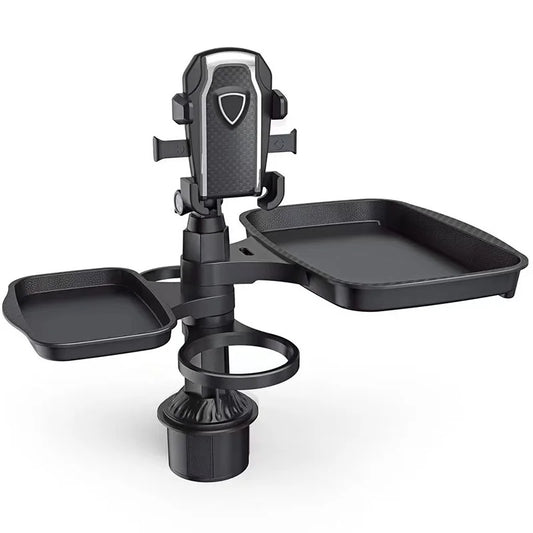 Car Cup Holder Phone Mount Tray - 360° Rotating Adjustable Organizer for Drinks & Accessories
