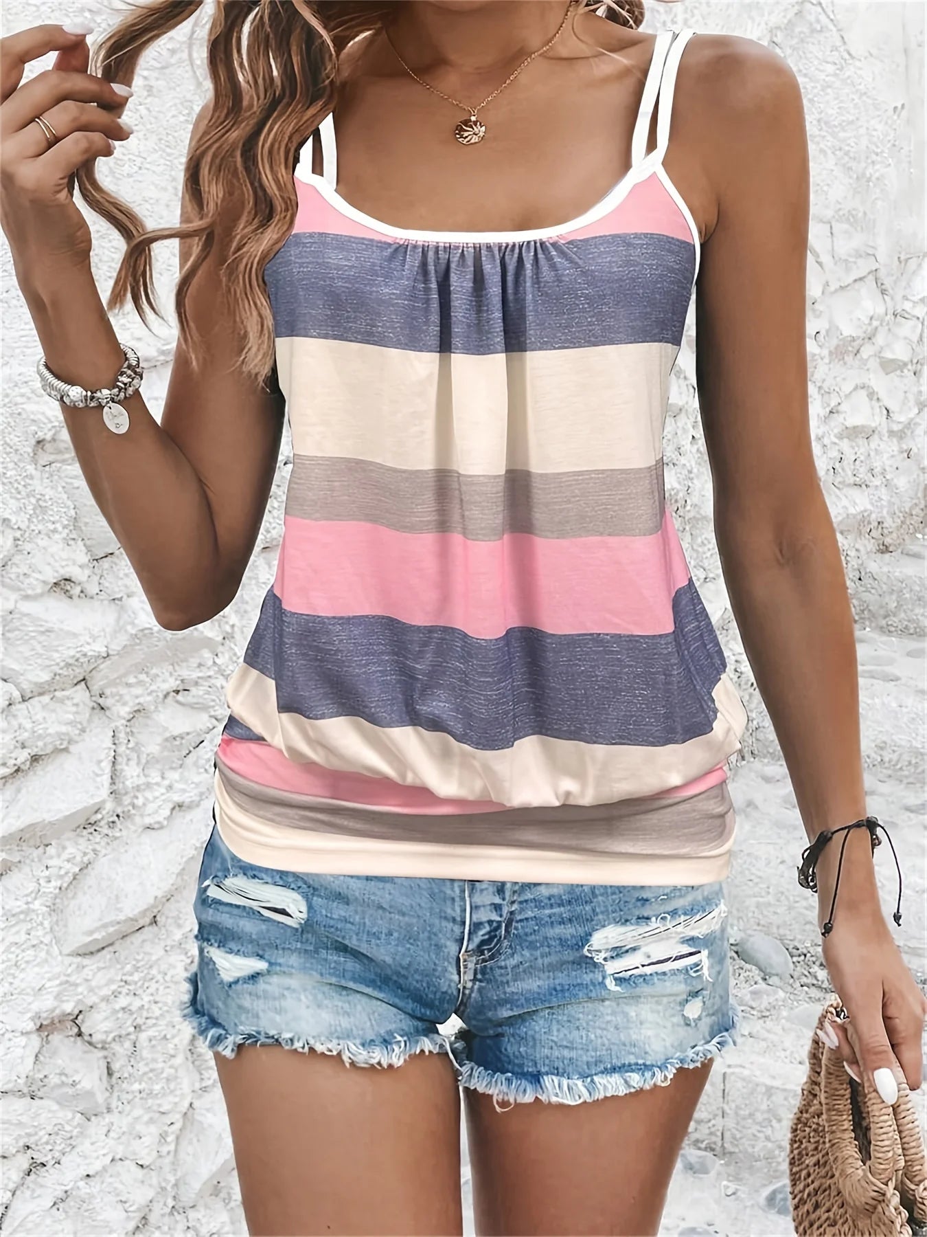 Women’s Holiday Casual Color-Block Striped Camisole Top – Summer Fashion Sleeveless Vest