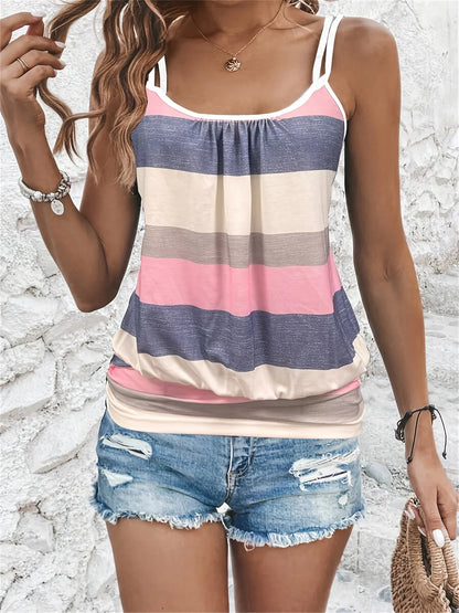 Women’s Holiday Casual Color-Block Striped Camisole Top – Summer Fashion Sleeveless Vest