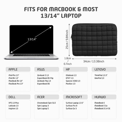 Puffy Quilted Laptop Bag Sleeve 11-15.6 Inch — Protective Notebook Cover for MacBook Air/Pro, iPad, Lenovo, HP