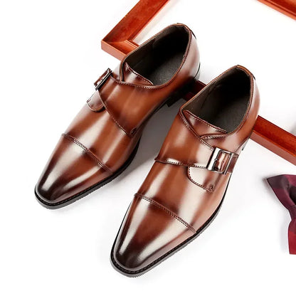 Men’s Genuine Cow Leather Monk Strap Shoes - Single Buckle Cap Toe Business & Wedding Dress Shoes