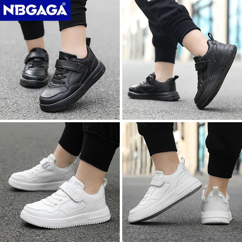 Children’s Black Leather Sneakers – Non-Slip Casual Flat Walking Shoes for Boys & Girls, Lightweight Student Sports Footwear