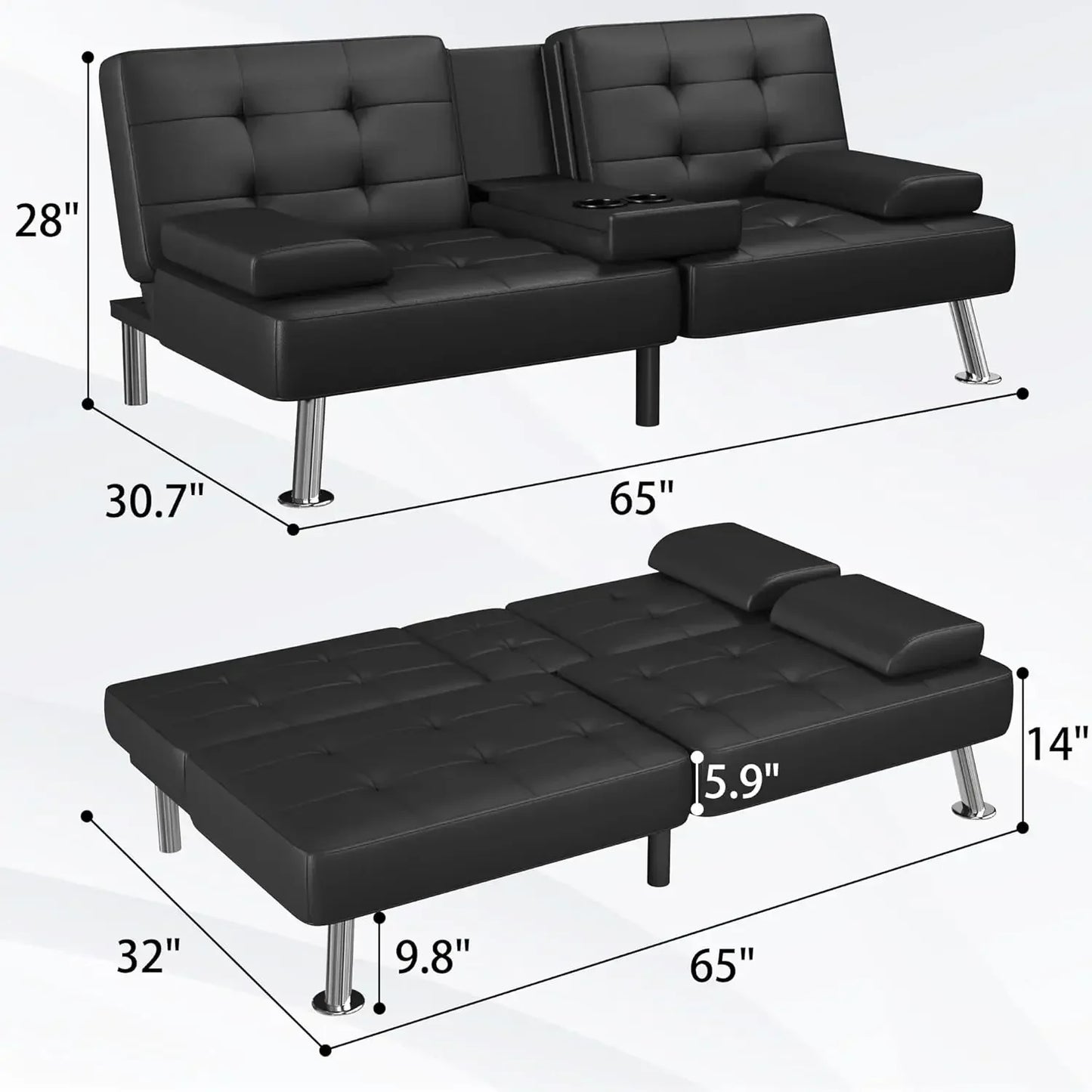 Modern Black PU Leather Futon Sofa Bed – Convertible Recliner Lounge with Folding Design & 2 Cup Holders