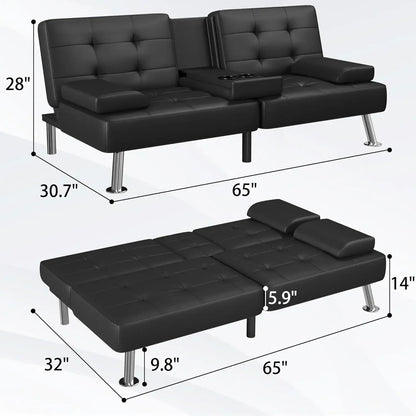 Modern Black PU Leather Futon Sofa Bed – Convertible Recliner Lounge with Folding Design & 2 Cup Holders