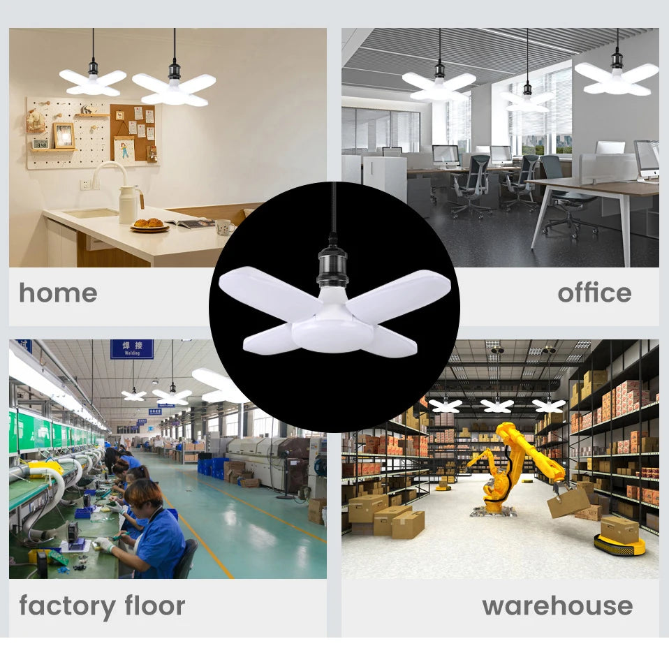 E27 28W Foldable LED Bulb – Fan-Shaped 6500K White Light for Home, Ceiling, Garage & Warehouse, AC110V/220V