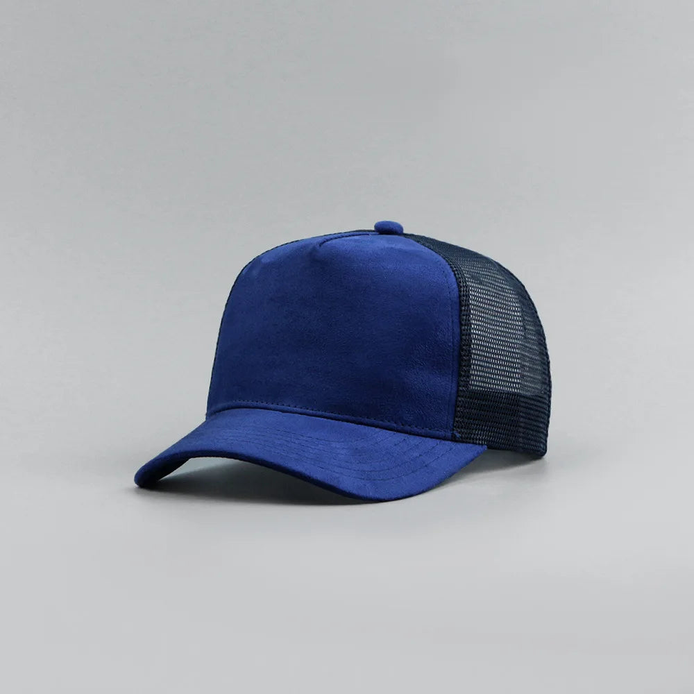 Custom Logo Suede Five Panel Cap - Leather Label Mesh Trucker Hat for Men & Women