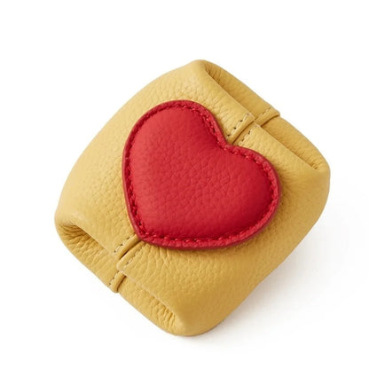 Casual Solid Color Cowhide Coin Purse – Love Heart Square Multi-Function Small Bag for Coins, Earphones & Gifts