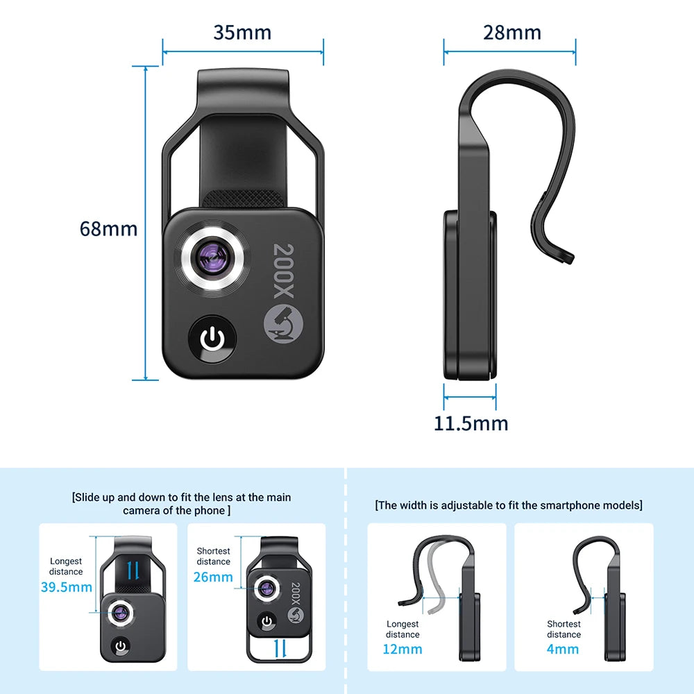 100X/200X Microscope Phone Lens with Clip – Magnifier for Plants, Insects, Hair, Skin, Jewelry & Jade Inspection