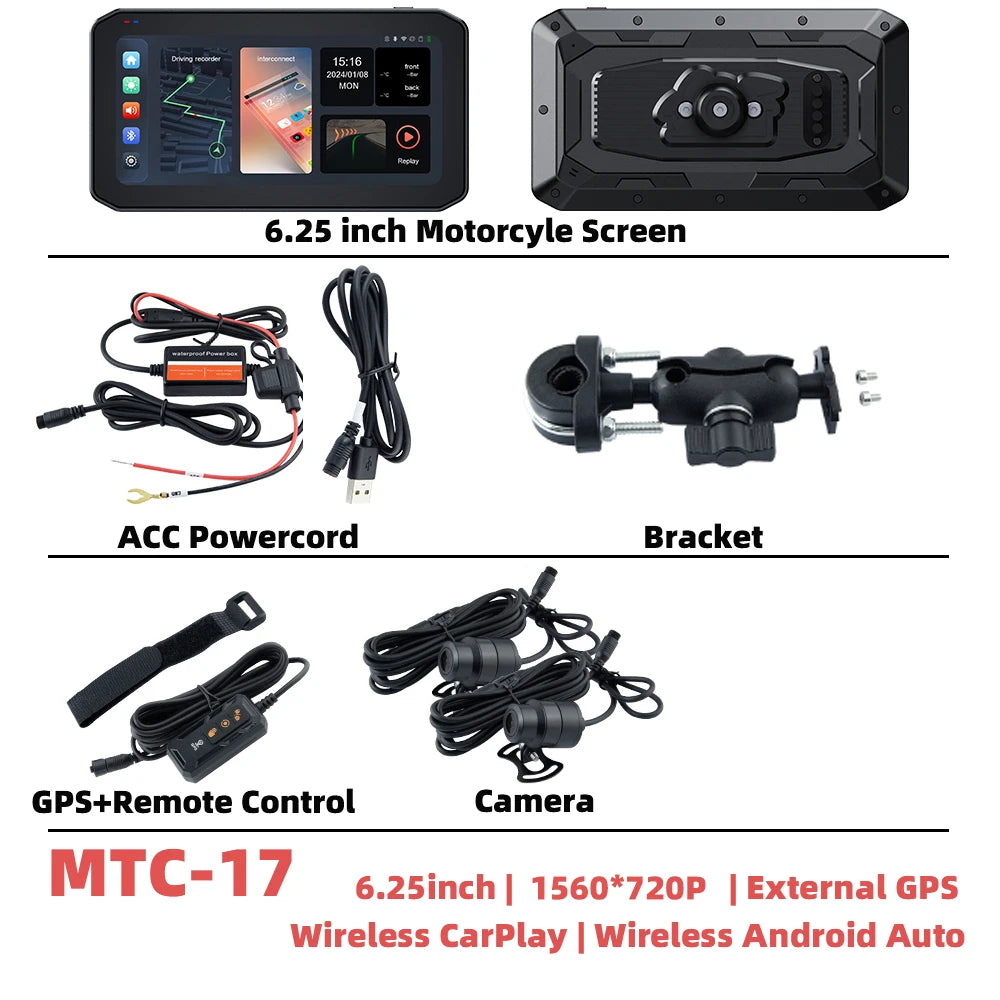 EKIY 6.25" Wireless CarPlay Motorcycle Display – Android Auto GPS Navigation Screen with TPMS Monitoring Portable Dashboard Unit