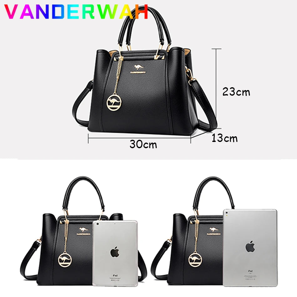 Women’s Soft Leather Luxury Handbag – Designer 3-Layer Large Capacity Shoulder & Crossbody Tote Bag