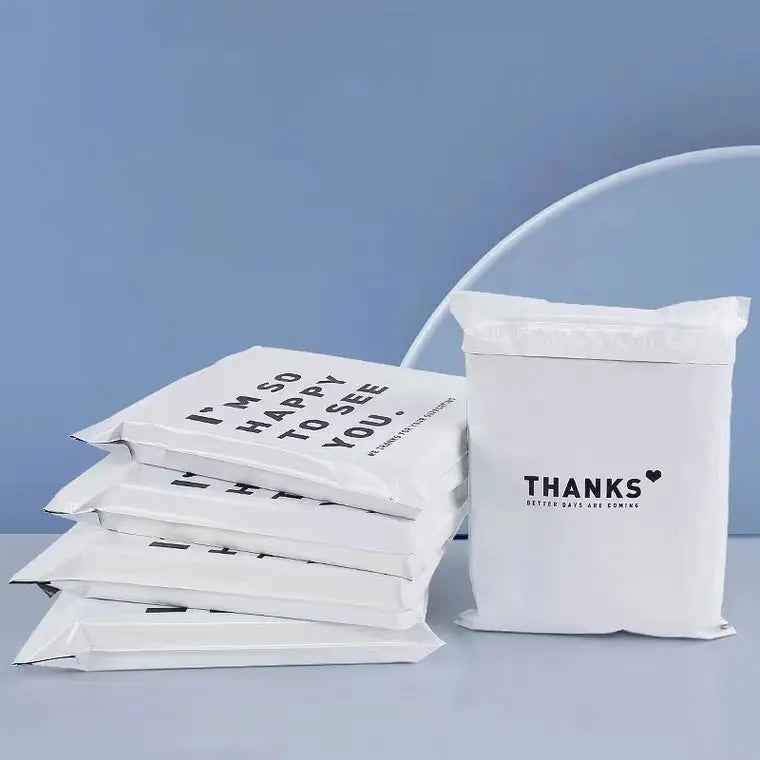 INPLUSTOP 50PCS White Thick Express Bags – Waterproof Clothing Packaging with "THANKS" Print, Courier Envelope Pouches