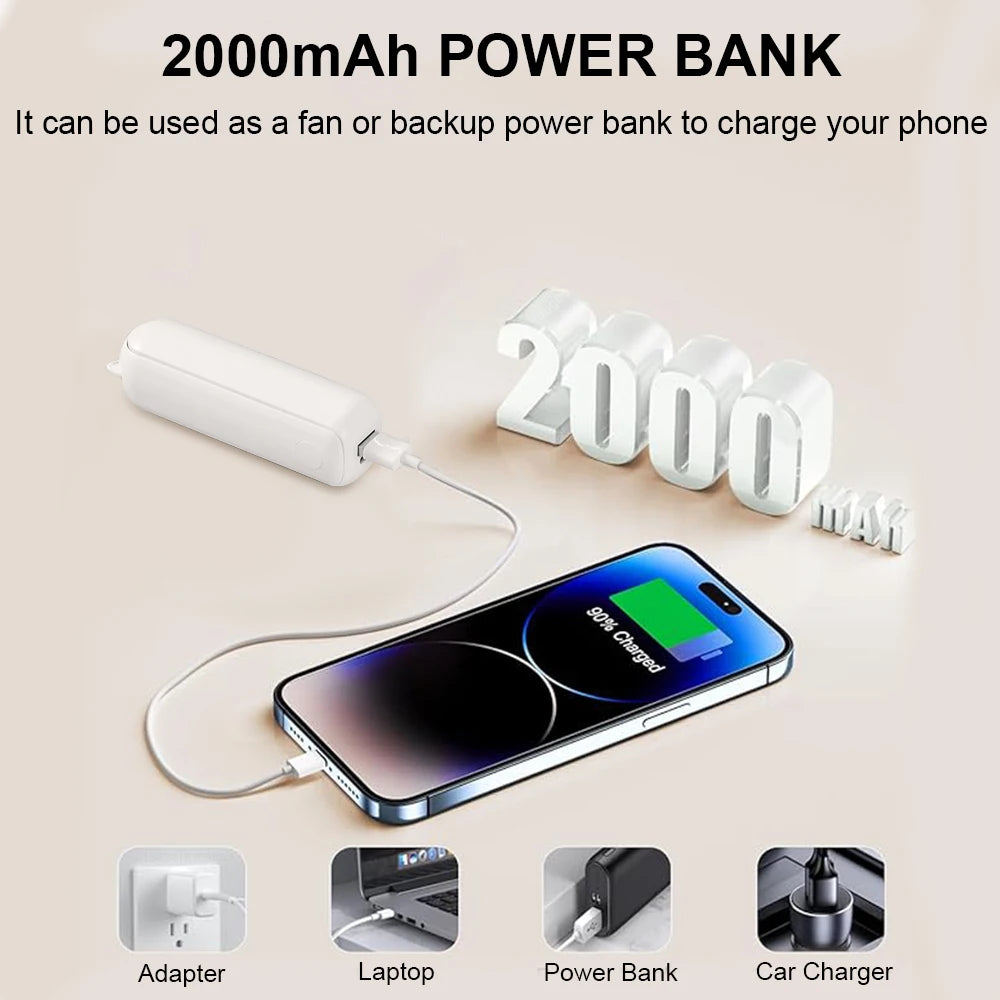 Portable Mini Handheld Fan | 2000mAh USB Rechargeable Foldable Fan with 3 Speeds & Power Bank for Travel