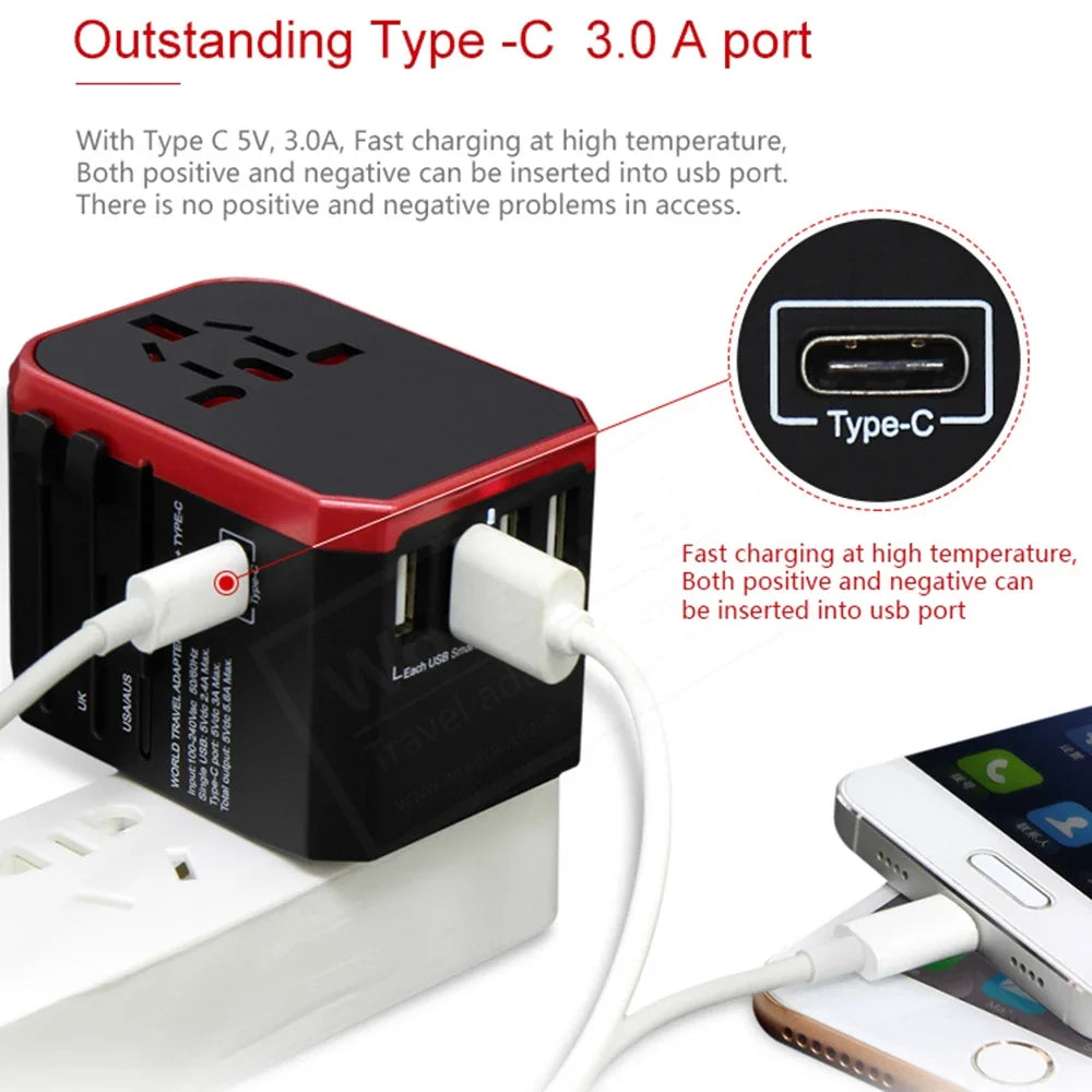 Melery Travel Smart Adapter – International Wall Plug with USB Type-C Charger for US, EU, UK, AU Compatible with iPhone, iPad & Android