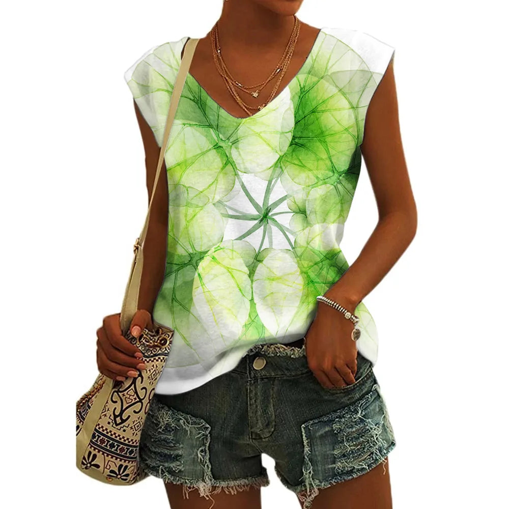 Women’s Floral Print T-Shirt - V Neck Cap Sleeve Loose Fit Summer Beach Top with Breathable Casual Style