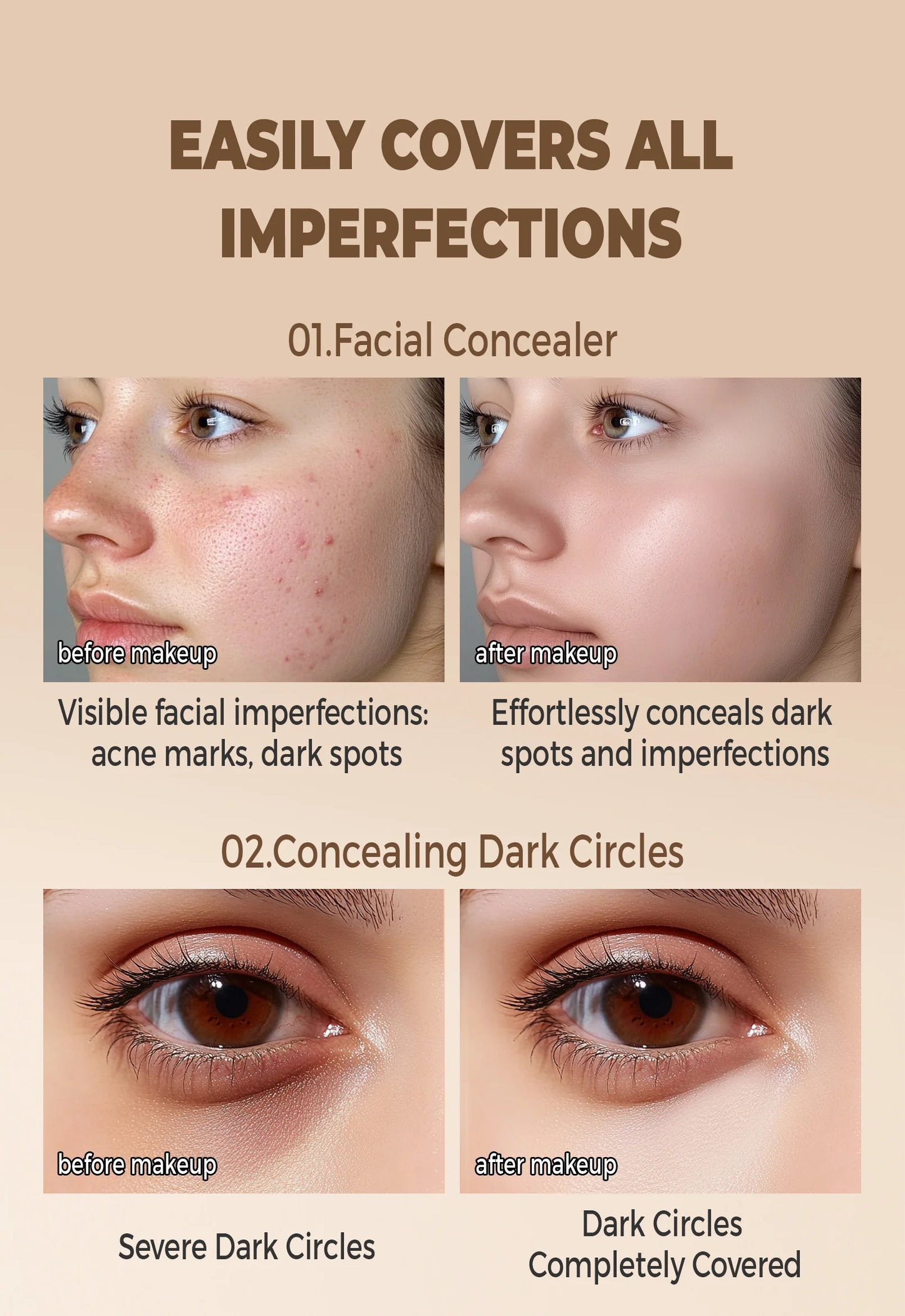 Waterproof Full-Coverage Concealer — Natural Finish Foundation for Tattoos, Scars, All Skin Tones & Types