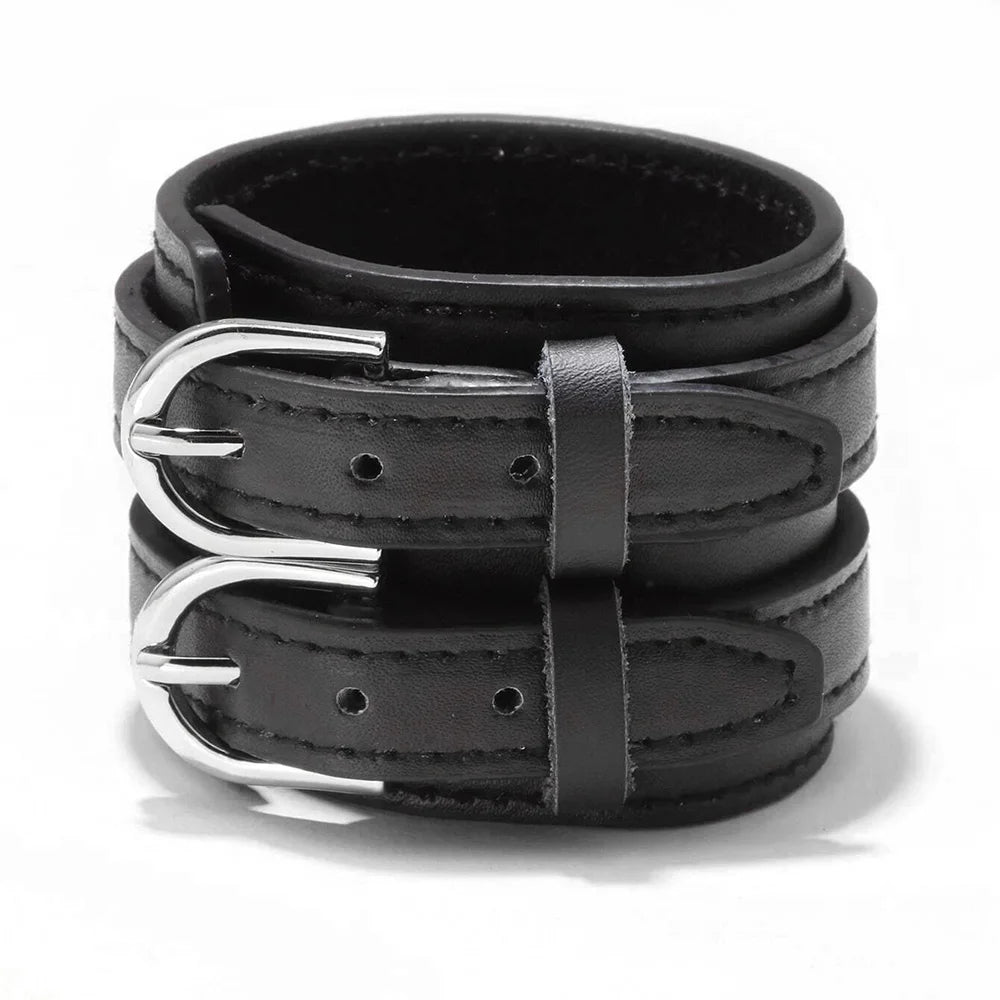 Men’s Genuine Leather Bracelet - Wide Adjustable Vintage Punk Friendship Jewelry with Buckle Closure