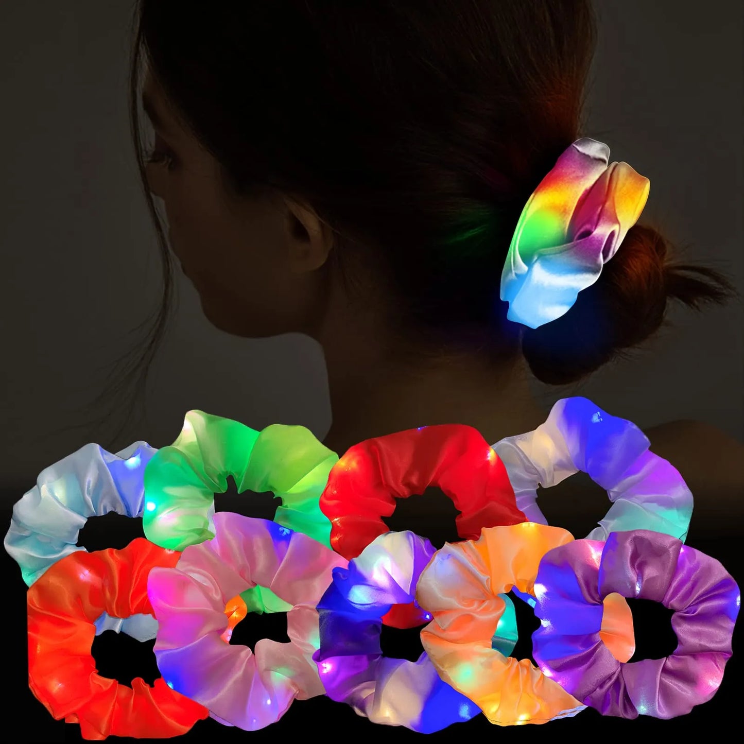 9-Piece LED Light Hair Scrunchies - Satin Elastic Bands for Girls - Halloween & Christmas Glow-in-the-Dark Party Supplies