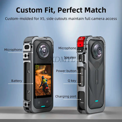Aluminum Alloy Protective Cage for Insta360 X5 – Camera Frame with Silicone Lens Cover & 1/4" Cold Shoe