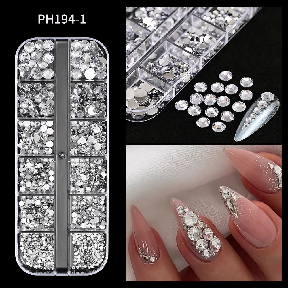 12-Grid Mixed Nail Rhinestones SS6-SS30 – Shiny Flat-Back Gems in Clear, Gold, Pink & Blue for Nail Art Decoration
