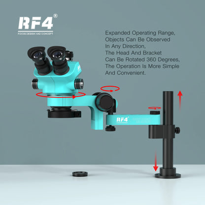 RF4 Trinocular Stereo Microscope Set – 360° Rotation Articulating Arm Stand, Phone Soldering & PCB Repair, Model RF7050TVPRO-F019