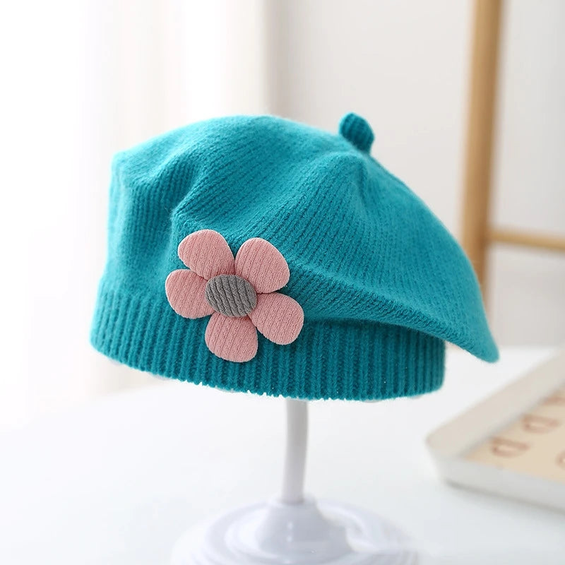 Flower Baby Beret Hat – Winter Warm Knitted Beanie for Infant & Toddler Girls, Korean Princess Artist Painter Cap Solid Color