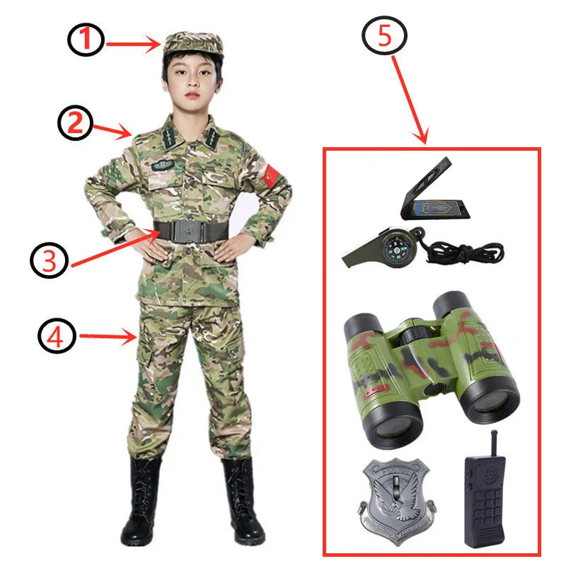 Kids Soldier Costume – Army Camouflage Party Outfit for Boys with Pistol, Compass & Whistle