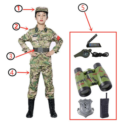 Kids Soldier Costume – Army Camouflage Party Outfit for Boys with Pistol, Compass & Whistle