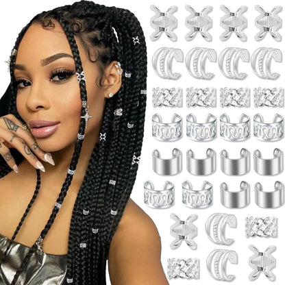 50PCS Alloy Hair Jewelry for Braids — Metal Dreadlock & Braid Clips, Non-Piercing Ear, Beard Beads & Hair Cuffs