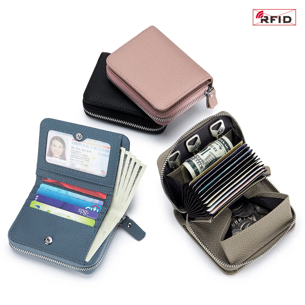 Genuine Leather RFID Short Wallet – Cowhide Card Holder Mini Coin Purse & Key Pouch for Men and Women