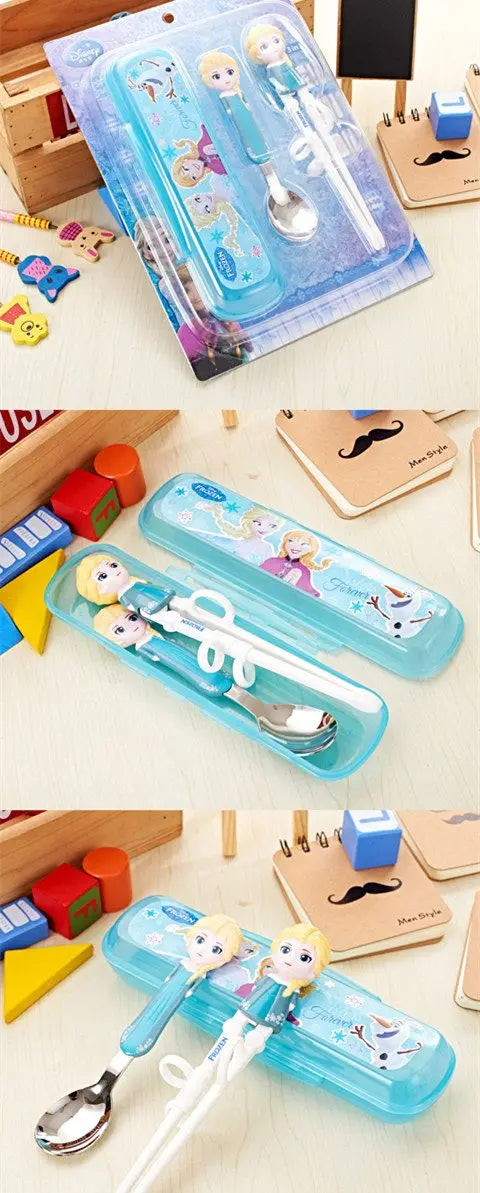 Disney Kids Tableware Set — Lightning McQueen, Mickey, Minnie, Stitch & Princess Elsa Training Chopsticks and Spoons