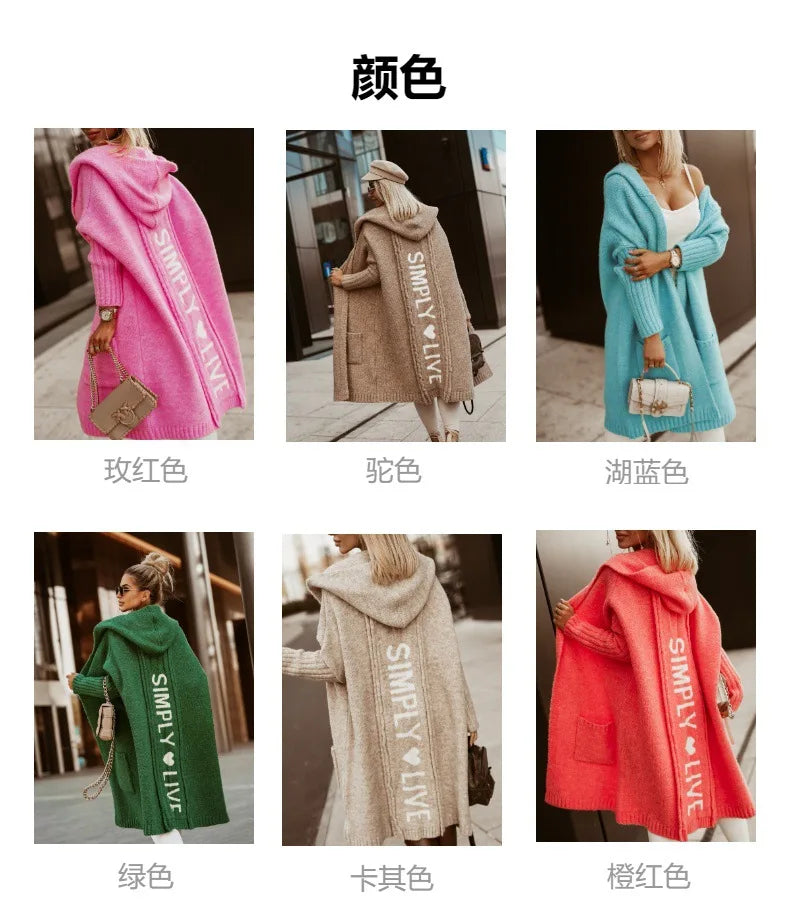 2023 Autumn/Winter Sweater Cardigan – Lapel Hooded Long Knit Coat with Letter Design, Loose Fit for Women