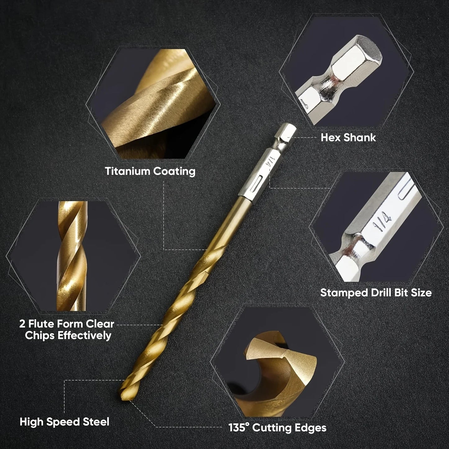 Titanium Coated High Speed Steel Drill Bit Set - 50/99pcs Hex Shaft Twist Bits for Metal Wood & Plastic Drilling