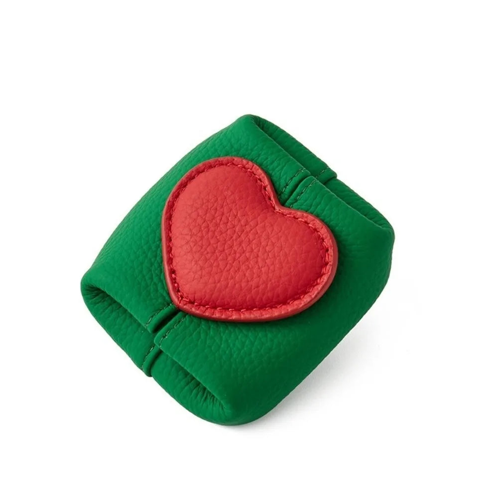 Casual Solid Color Cowhide Coin Purse – Love Heart Square Multi-Function Small Bag for Coins, Earphones & Gifts