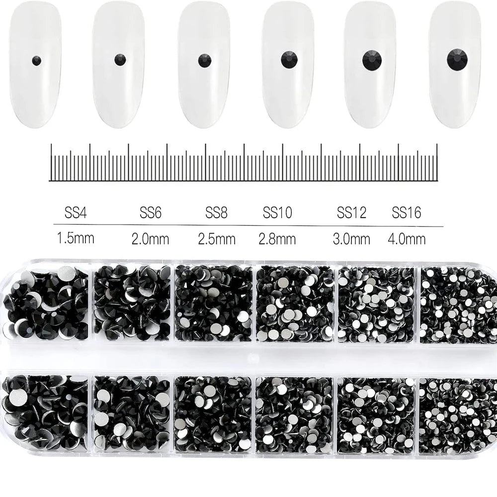 12-Grid 3D Glass AB Crystal Nail Art Rhinestones Kit – Flatback Round Beads with Tools for Nail Jewelry & Diamond Decoration
