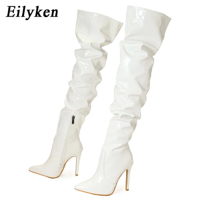 Eilyken Red Over-the-Knee Stiletto Boots for Women – Patent Leather Pointed Toe High Heel Zip-Up Shoes