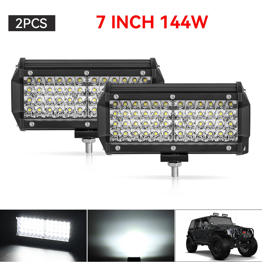 4" / 7" LED Work Light Bar 144W/120W Spot Flood Combo – Off-Road Lighting for Car, Tractor, Boat, Truck, SUV & ATV Repair & Utility Use