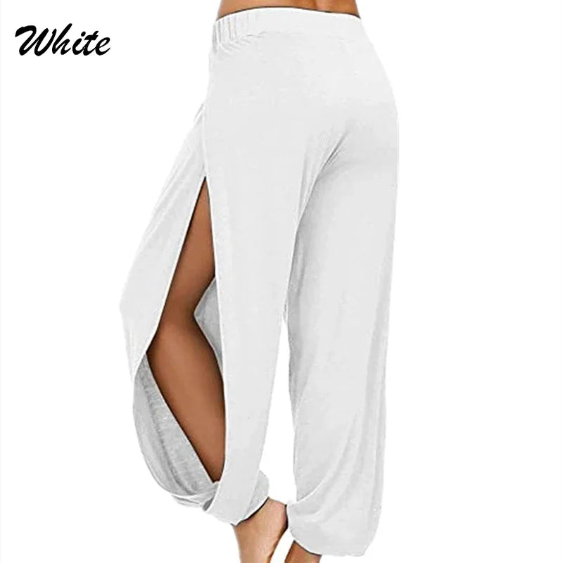 Women’s Summer High Slit Harem Pants – Loose Fit Wide Leg Yoga & Sports Trousers, Breathable Hippie Style Activewear