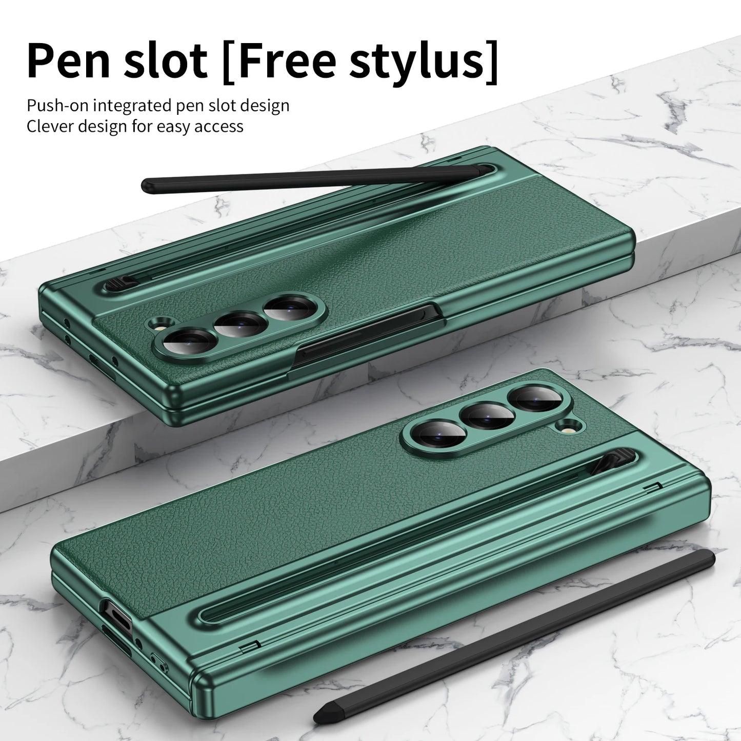 Slim Leather Case with Touch Pen for Samsung Galaxy Z Fold 6/5/W25/4/3 – Plated Hinge & Full Screen Protector Cover