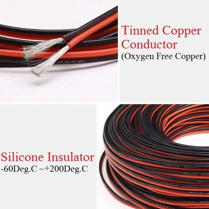 1/2/5M Copper Silicone Rubber Wire – Flexible 30 to 10 AWG 2-Pin DIY LED Connector Cable, Black & Red