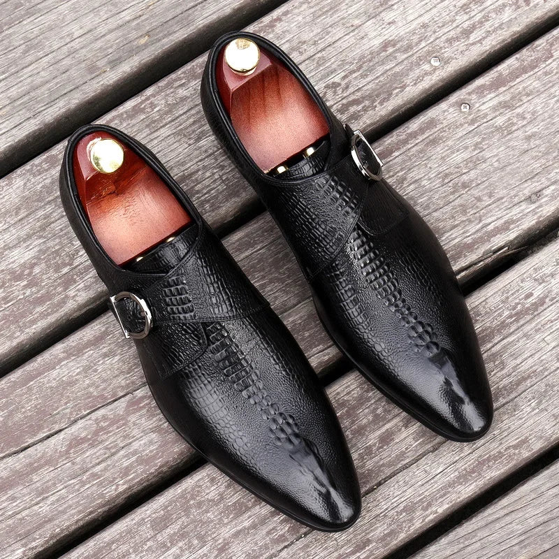 Men’s Genuine Leather Oxford Shoes - Handmade Crocodile Pattern Formal Wedding Business Dress Shoes in Black or Blue