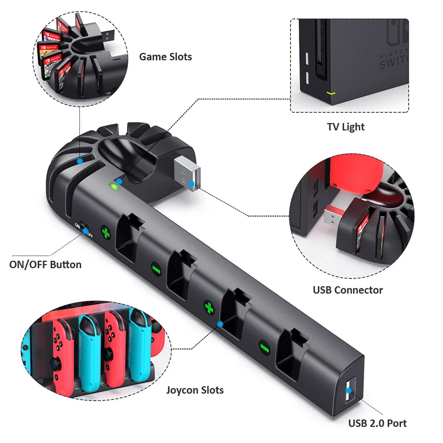 Switch Joy-Con & Pro Controller Fast Charging Dock — 8-Game Slot Station for Nintendo Switch OLED