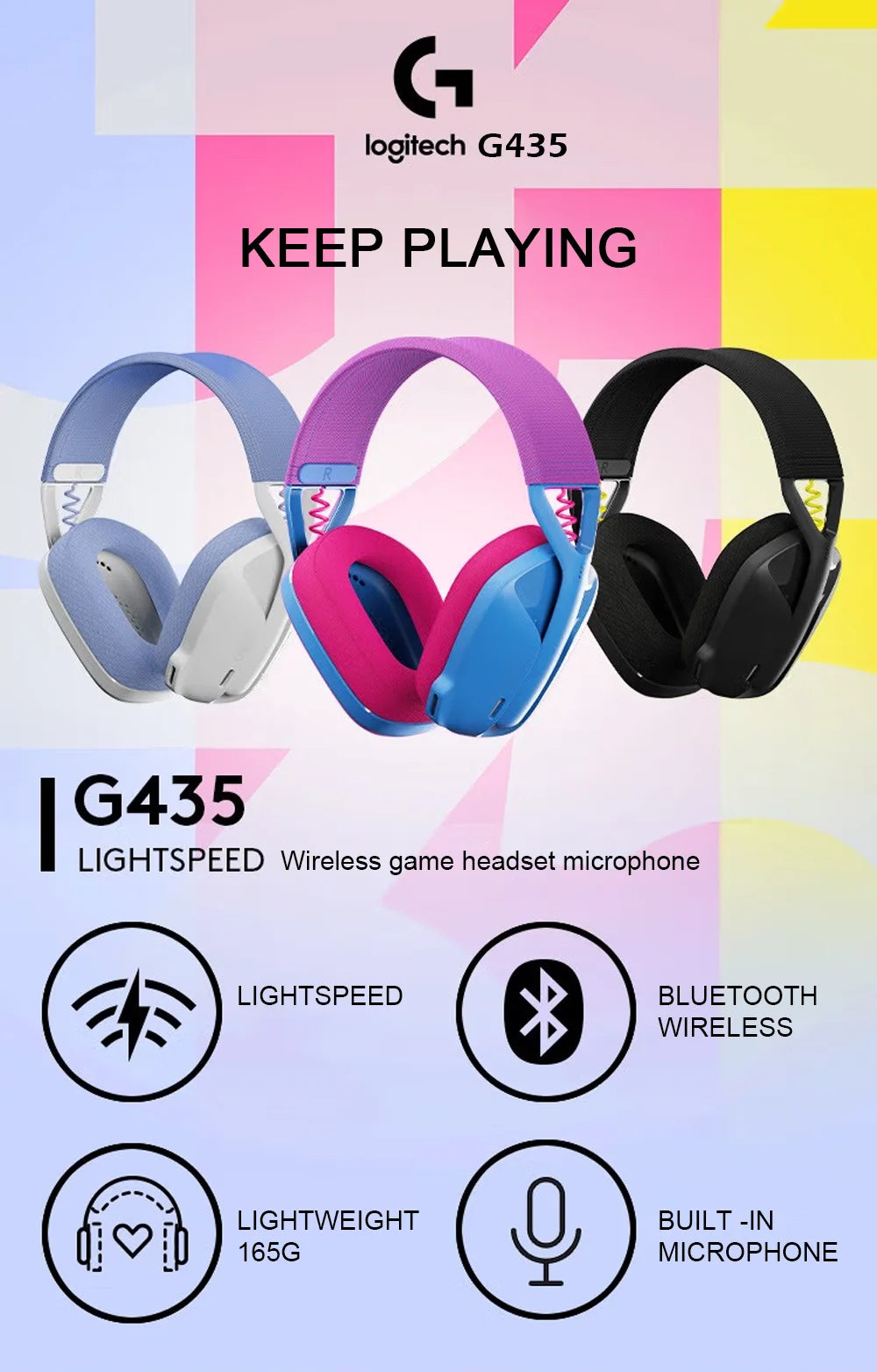 Logitech G435 LIGHTSPEED Bluetooth Wireless Gaming Headset – Over-Ear Surround Sound Headphones for PC, Laptop, Games & Music