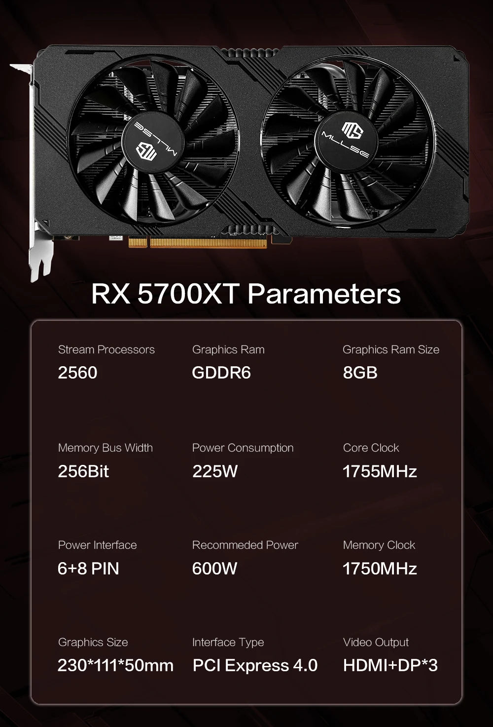 MLLSE AMD RX 5700 XT 8GB Graphics Card – GDDR6, 256Bit, PCI-E 4.0×16, 6+8Pin Radeon GPU for Gaming Video Card